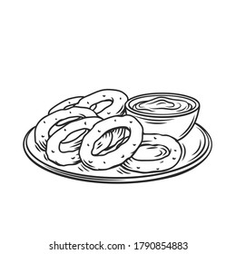 Onion rings, hand drawn fast food vector illustration. Snack for design pub in vintage engraved style.