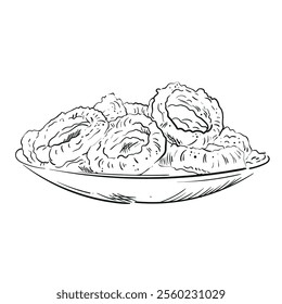 Onion rings, hand drawn fast food vector illustration. Snack for design pub in vintage engraved style. Doodle sketch. Great for menu, poster or label, restaurant or cafe