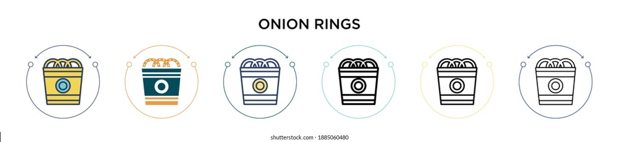 Icono de anillos de cebolla en el estilo relleno, delgado, contorno y trazo. Ilustración vectorial de dos anillos de cebolla de color y negro, los diseños de iconos vectoriales pueden utilizarse para móviles, ui, web