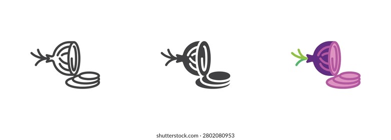 Onion rings icon in line, solid, flat color vector styles. Colorful chopped onion sign, half onion and sliced rings symbol icon for recipe.