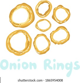 Onion rings icon vector clipart. Fried onion rings cute illustration. American fast food. Street fried fast food for alcohol. Golden crispy onion rings without package. Sketchy snacks for beer.