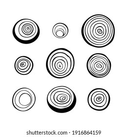 Onion rings isolated on white. Top view. Hand drawn sketch of onion slices. Vector illustration.