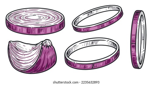 Onion rings labels colorful set chopped gourmet red sweet onion in various positions for garnishing fresh salads vector illustration