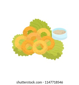 Onion rings, lettuce and sauce fast food dish vector Illustration on a white background