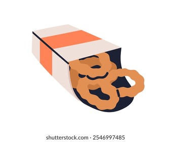 Aros de cebolla en caja abierta para llevar, bocadillo de comida rápida crujiente frita. Comer crujiente, aperitivo en el paquete para llevar, paquete para llevar. Ilustración vectorial plana aislada sobre fondo blanco