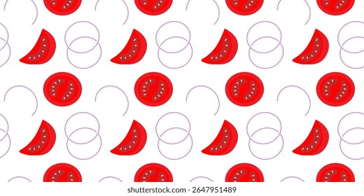 Onion rings and Tomatoes Slices Seamless Pattern Vegetarian Food or Healthy eating Theme Background