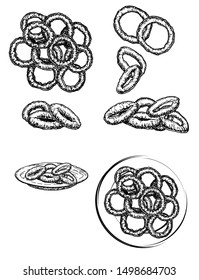 Onion roasted rings sketch. Street fast food vector illustrations collection. Isolated on white background.