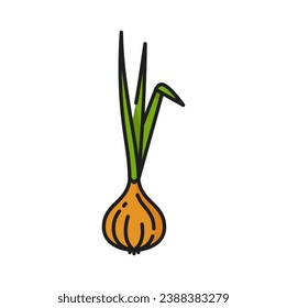 Onion root vegetable with leaves, color thin line icon. Vector grocery veggie spicy food. Whole nutrition tuber, root vegetable, onion unpeeled bulb