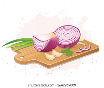 Onion root vegetable pieces with garlic cloves on a wooden chopping board vector illustration