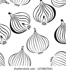 Onion seamless pattern. Black white image. Simple print drawn by lines. Vector  illustration of sliced onion, bulb in simple style. 