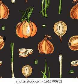 Onion seamless pattern. Hand drawn vector illustration.Detailed retro style sketch.Kitchen background of herbal spice and food ingredient.Onion, isolated cooking object.