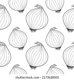 Onion seamless pattern. Linear Onion Seamless pattern, background for print. Vegetarian food in white background. vector illustration.