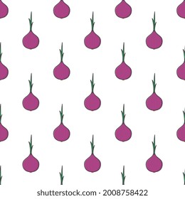Onion Seamless Pattern On A White Background. Vegetable Theme Vector Illustration