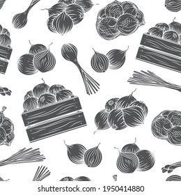 Onion seamless pattern vector monochrome glyph isolated background. Pile of onion bulbs, packed in net bag, in wooden crate, bunch of fresh green onions. Harvest vegetables engraved style illustration