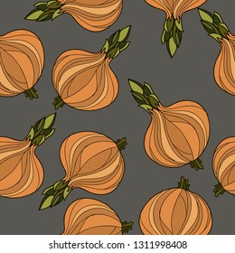 Onion seamless pattern.Vector Design Onion. Hand draw pattern. Organic food. Vegan.