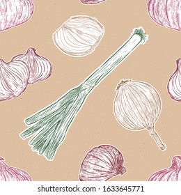 onion set, green, red and yellow onion, hand draw vegetableseamless pattern vector.