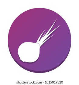 Onion sign. Salad ingredient. Healthy vegetable. Vector. White icon with flat shadow on purpureus circle at white background. Isolated.