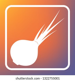 Onion sign. Salad ingredient. Healthy vegetable. Vector. White icon on transparent button at orange-violet gradient background.