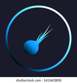 Onion sign. Salad ingredient. Healthy vegetable. White, cyan and blue gradient icon as round button in white shell at dark blue background. Illustration.