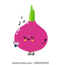 Onion sings into a microphone character. Vector hand drawn cartoon kawaii character illustration icon. Isolated on white background. Onion character concept