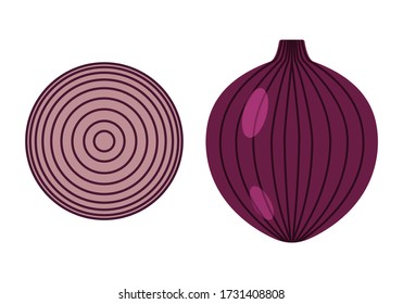 Onion and onion slices. Healthy and delicious food. Vector graphics on a white background.