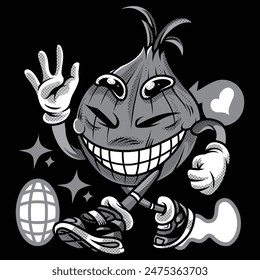 Onion Smile Retro Cartoon in Black and White Illustration