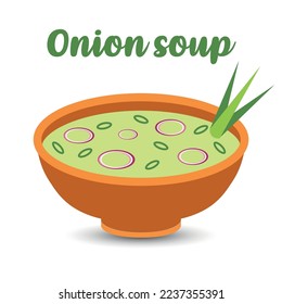 Onion soup in a clay bowl. Vector illustration isolated on white background
