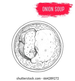 Onion soup hand drawn vector illustration. French cuisine dish. Design sketch element.