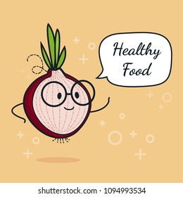 Onion with speech bubble. Balloon sticker. Cool vegetable. Vector illustration. Onion clever nerd character. Healthy food concept. Smart vegan diet poster