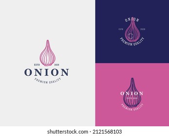 Onion Spice Hand Draw Logo Template with Premium Vintage Typography. Stylish Vintage Vector Emblem Concept.