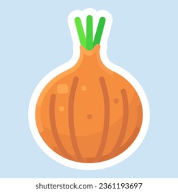 Diseño de pegatinas de cebolla en un sencillo estilo minimalista. Etiquetas vegetales para niños. 