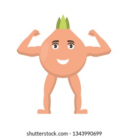 Onion Strong icon, vegetable with happy face, healthy food character in cartoon style