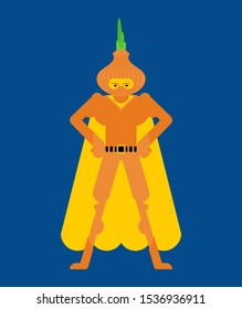 Onion superhero. Super Vegetable in mask and raincoat. Strong onions