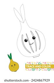 Onion. Trace and color for kids. Vector illustration.