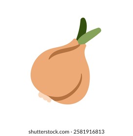 Onion, unpeeled bulb. Spicy pungent vegetable in yellow peel, natural seasoning, condiment. Fresh organic vitamin food, healthy nutrition. Flat vector illustration isolated on white background