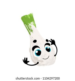 Onion. Vector funny vegetable, cartoon character with face and hands