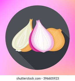 Onion vector icon. Onion flat style. Onion vector logo. Onion pictogram. Red and yellow onion. Vegetables vector illustration. Onion icon flat design.