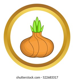 Onion vector icon in golden circle, cartoon style isolated on white background