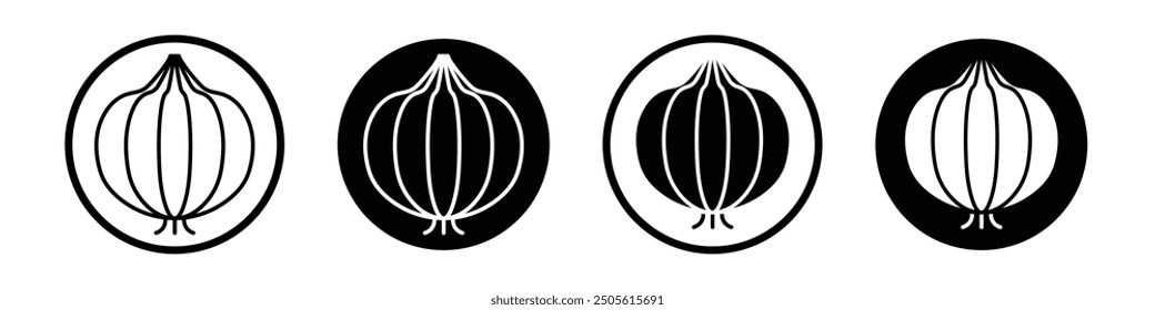 Zwiebelvektorsymbol setzen schwarz gefüllt und umrissen Stil.
