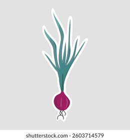 Onion Vector Illustration Sticker. Simple vector illustration of a fresh onion with green leaves. Perfect for food, gardening, and kitchen-themed designs