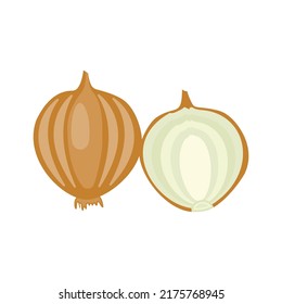 Onion vector (whole and half). The concept of healthy food and fresh vegetables. On a white background, there is an isolated illustration.