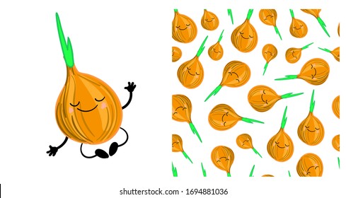 onion vegetable character cute. Seamless vegetable pattern with onions. Children's vector illustration.