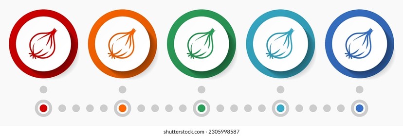Onion, vegetable concept vector icon set, infographic template, flat design circle colorful web buttons in 5 color options