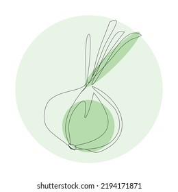 Onion vegetable in continuous line with colorful geometric elements. Onion minimalist black linear sketch  with color spots isolated on white background. Vector one line