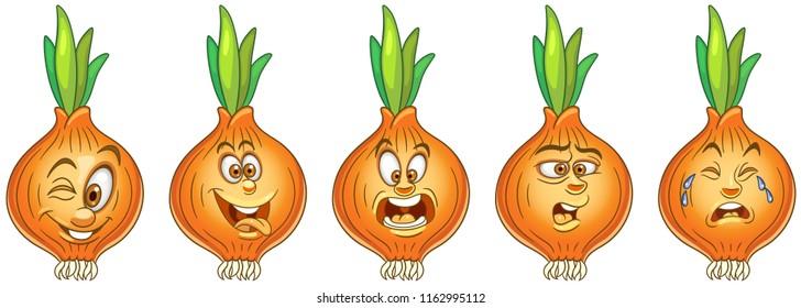 Onion. Vegetable Food concept. Emoji Emoticon collection. Cartoon characters for kids coloring book, colouring pages, t-shirt print, icon, logo, label, patch, sticker.