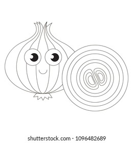 Onion Vegetable half slice and cartoon. Colorless outlined illustration with thin line black stroke