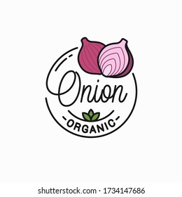 Onion Vegetable Logo. Round Linear Logo Of Red Onion On White Background