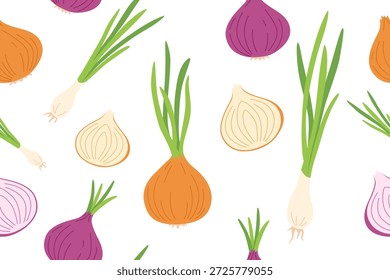 Padrão de cebola vegetal sem costura. Fundo natural de cebola isolado no branco. Conceito de jardinagem, agricultura e alimentação. Banner plano vetorial.