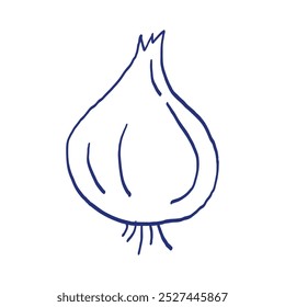 Cebola. Esboço vegetal. Caneta azul desenhada à mão ou desenho marcador. Imagem infantil primitiva