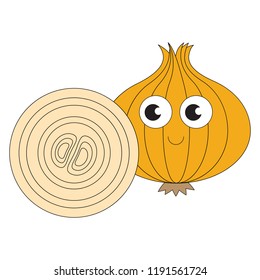 Onion Vegetable and slice vegetable slice funny cartoon. Outlined illustration with thin line black stroke